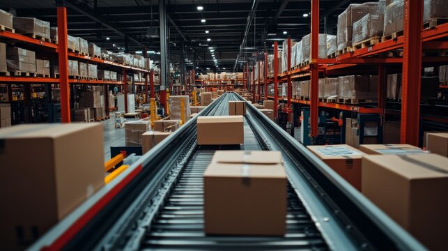 A bustling stockroom with conveyor belts and packages ready for dispatch, Stockroom scene, Organized and efficient style