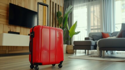 A vibrant red suitcase stands in the corner of a modern living room, showcasing a stylish and contemporary interior design. Perfect for travel-themed visuals.