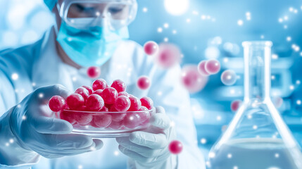 A scientist wearing protective gear carefully examines a dish filled with bright red spheres, surrounded by lab equipment and floating particles in a vibrant laboratory setting