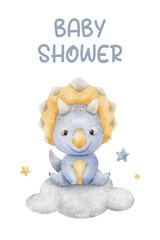 Triceratops sitting on cloud, stars. Isolated hand drawn Watercolor illustrations. Baby shower card of blue baby dinosaur. Newborn celebration. Template of newborn's party invitation.