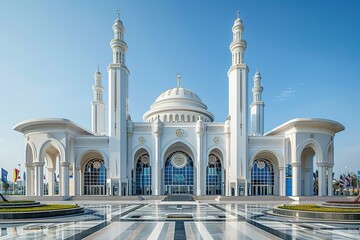 Fototapeta premium A grand mosque with intricate details and a pristine white exterior.