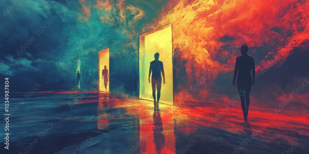 Canvas Prints Surreal Figures Walking Through Glowing Portals in a Vibrant Dreamscape