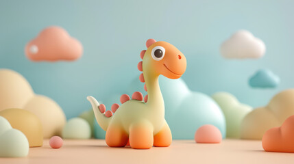 Cute Cartoon Dinosaur in Pastel Cloud Landscape