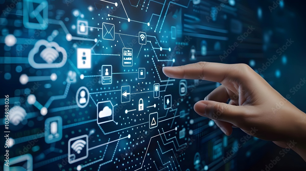 Poster hand touching a digital screen with icons of technology and online network connection, cloud storage