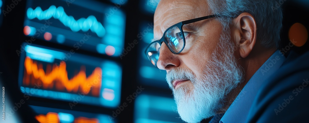 Aufkleber focused businessman analyzing data on digital screens with graphs.
