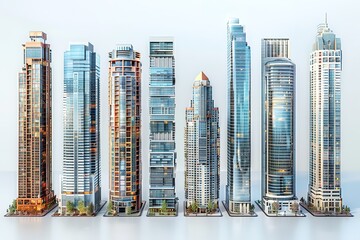 A row of modern skyscrapers with glass and steel facades.