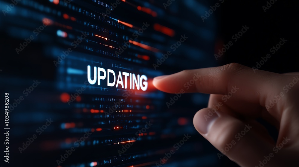 Poster hand pressing the word updating on a digital screen with data stream background.