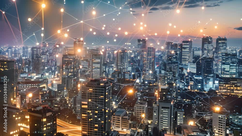 Poster a cityscape with intricate lines and dots above it, creating a visual representation of connectivity
