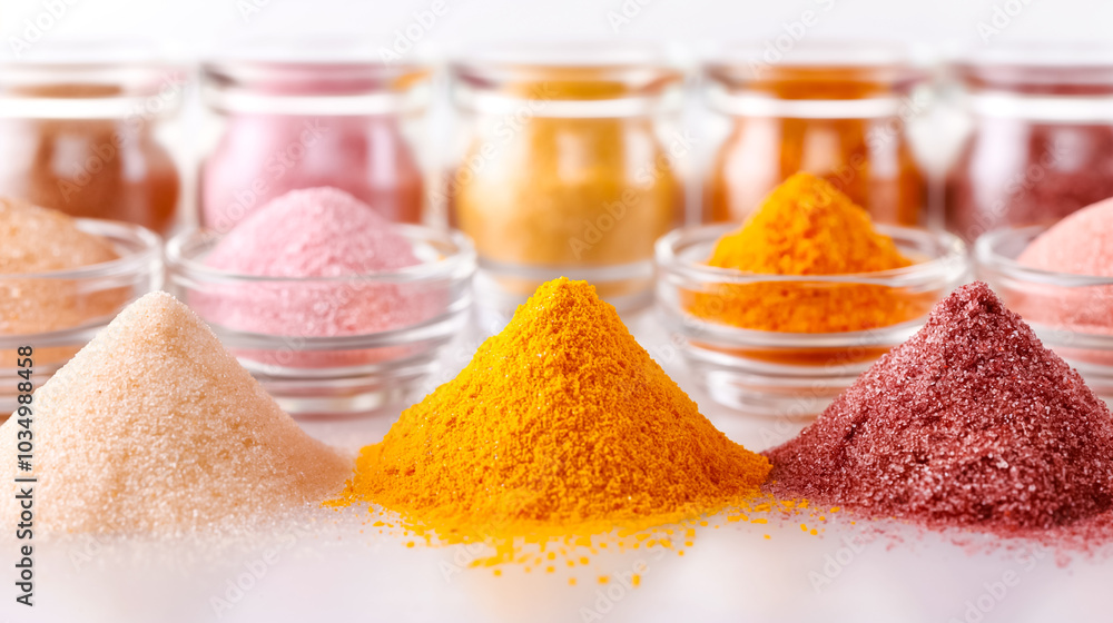 Poster a vibrant selection of spices and powders is neatly displayed in small glass containers, highlightin