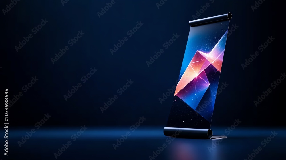 Poster modern display screen with vibrant colors on a dark background.