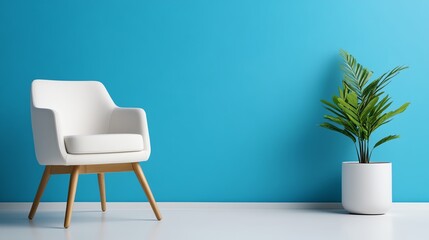 Modern white chair with plant against a vibrant blue wall.