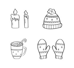 Warm winter mittens and a hat, hot chocolate and candles. Vector illustration of Christmas doodle icons.