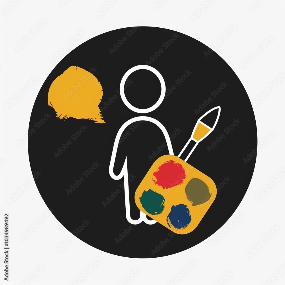Poster icon of a person with a speech bubble containing a palette and paintbrush, representing discussions 