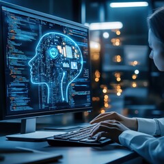 A professional working with cutting-edge artificial intelligence technology on a computer in a modern office environment.