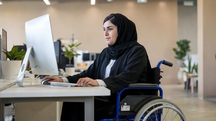 Emirati woman in traditional abaya and hijab works on a computer in a modern office while seated in a wheelchair, showcasing workplace inclusivity and empowerment.