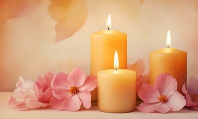 Elegant watercolor background with candles and flowers for International Women's Day card, charming design with copy space