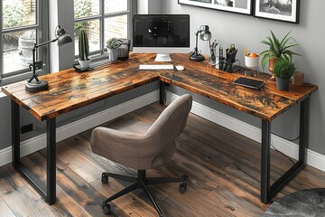 A modern home office with a wooden desk and a comfy chair.
