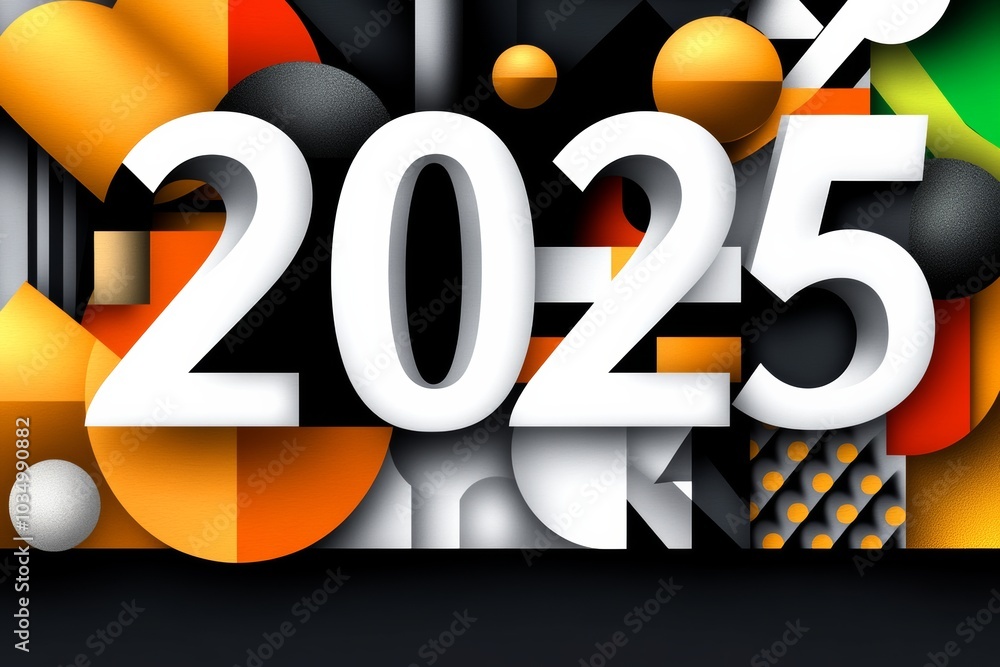 Poster colorful abstract design with the number 2025 in white letters. the design is made up of various sha
