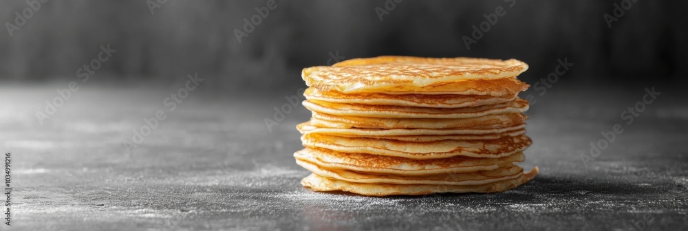 Poster A delicious stack of freshly made golden crepes sits invitingly on a dark surface, ready to be enjoyed or garnished. Generative AI