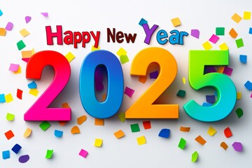 Colorful image of the number 2025 with confetti and the words Happy New Year. The image conveys a festive and celebratory mood, as it is a common symbol for the start of the new year