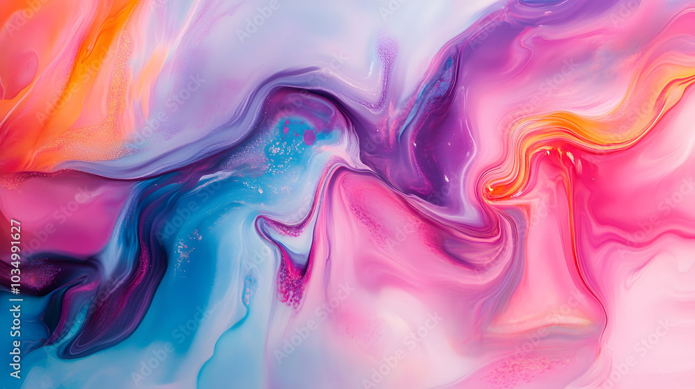 Poster fluid colorful abstract motions on white background, vibrant swirls and dynamic shapes creating an e