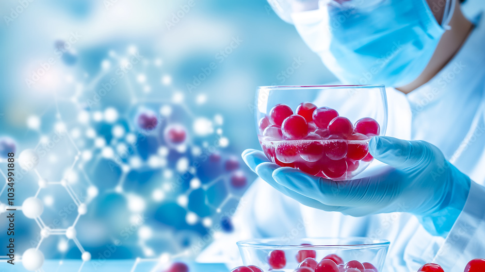 Aufkleber a researcher in personal protective equipment examines red berries in glass containers while studyin