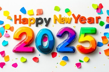 Fototapeta premium Colorful image of the number 2025 with confetti and the words Happy New Year. The image conveys a festive and celebratory mood, as it is a common symbol for the start of the new year