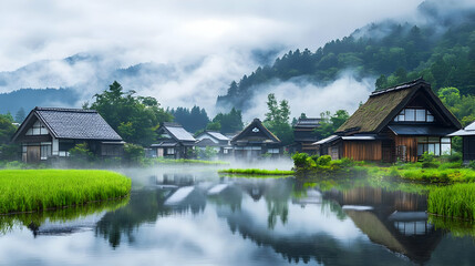 Fototapeta premium Traditional Houses Reflecting on a Serene Lake, Surrounded by Lush Green Foliage and Misty Mountains