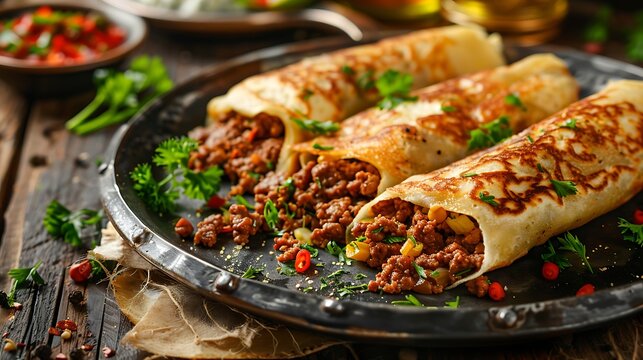 A plate of heated crepes filled with beef mince or crops
