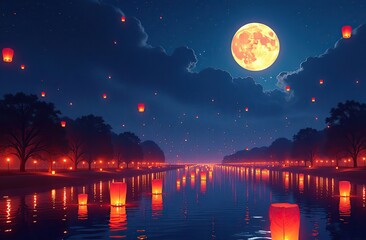 Fototapeta premium A colorful lantern festival at night, with hundreds of glowing lanterns floating into the sky under a full moon 