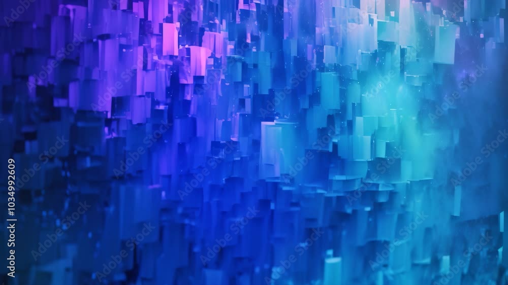 Poster an video showcasing a vibrant abstract background composed of blue and purple squares, pixelated dig