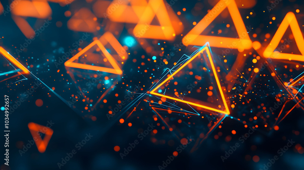 Poster dark background with complementary neon cyan and orange triangle icons in a dynamic 45-degree perspe