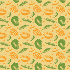 A hand-drawn seamless pattern featuring mango fruits and leaves is a unique and creative design that can be used in various projects. Perfect for print, textile, interior design, advertising, and more