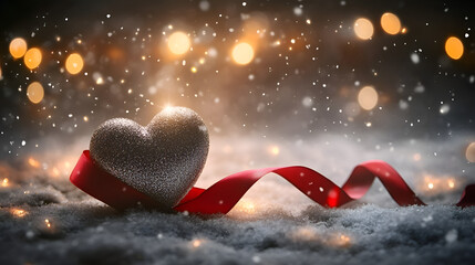 Shimmering Silver Heart with a Red Ribbon.