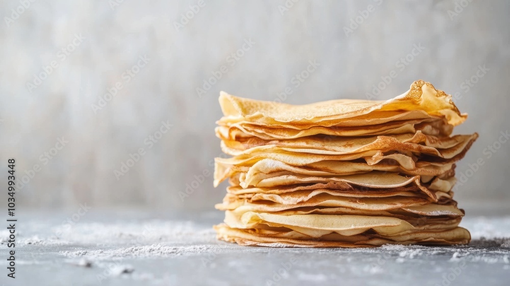 Poster freshly made golden crepes stacked high on a rustic surface, perfect for filling or enjoying with to