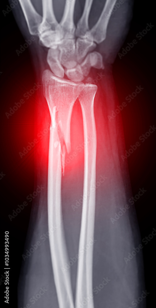 Poster x-ray image showing a forearm fracture with a visible break in the bone, highlighted by red to indic