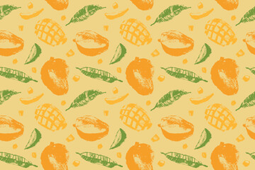 A hand-drawn seamless pattern featuring mango fruits and leaves is a unique and creative design that can be used in various projects. Perfect for print, textile, interior design, advertising, and more