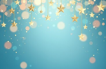 light blue Background full of golden stars hanging from the top, concept of Christmas, new year, holidays background