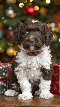 Adorable puppy lagotto romagnolo posing for christmas photoshoot
