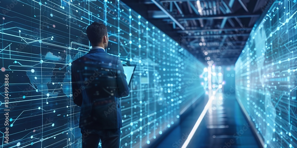 Poster businessman analyzing data in futuristic digital corridor with holographic interface and network con