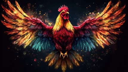 Fototapeta premium A colorful rooster with its wings spread wide, against a dark background with sparkling lights.