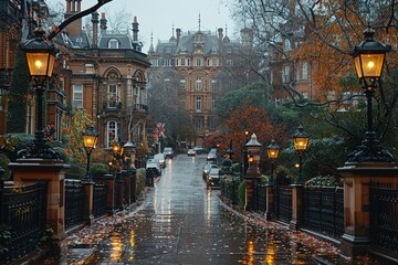 Rainy day on a cobblestone street lined with historic buildings.