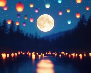 Fototapeta premium A serene night scene with glowing lanterns and a bright full moon illuminating the calm waters and forest silhouettes.