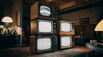 Nostalgic stack of vintage televisions from the 70s and 80s, showcasing the evolution of broadcasting technology in a classic living room setting. Retro media concept