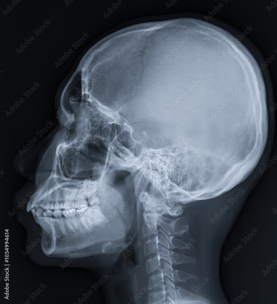 Poster x-ray image of the skull in ap (anterior-posterior) view, displaying clear bone structure with no vi