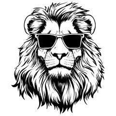  Lion in sunglasses. Vector animal portrait. Cool cat head. Hipster face tattoo drawing isolated on white background. King leo design