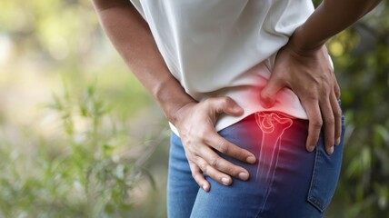 Woman holding her hip in pain with a red overlay emphasizing discomfort. Health and wellness concept