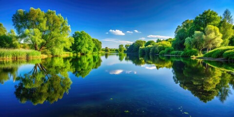 Fototapeta premium Still waters mirror vibrant greenery and a clear blue sky, embodying a peaceful scene that invites contemplation and embodies the essence of nature's tranquility.