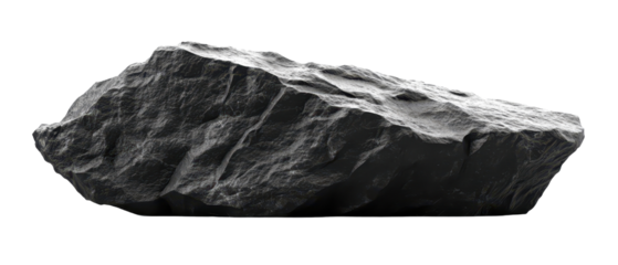 A textured black rock PNG isolated on transparent background, white background.