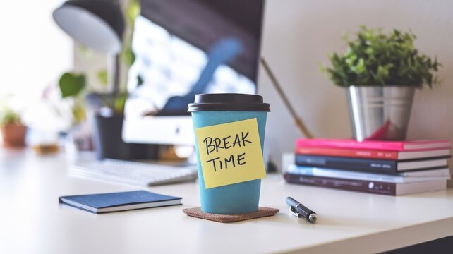 Blue coffee cup with a "Break Time" note on desk, symbolizing much-needed pause for relaxation and work-life balance. Productivity and wellbeing concept